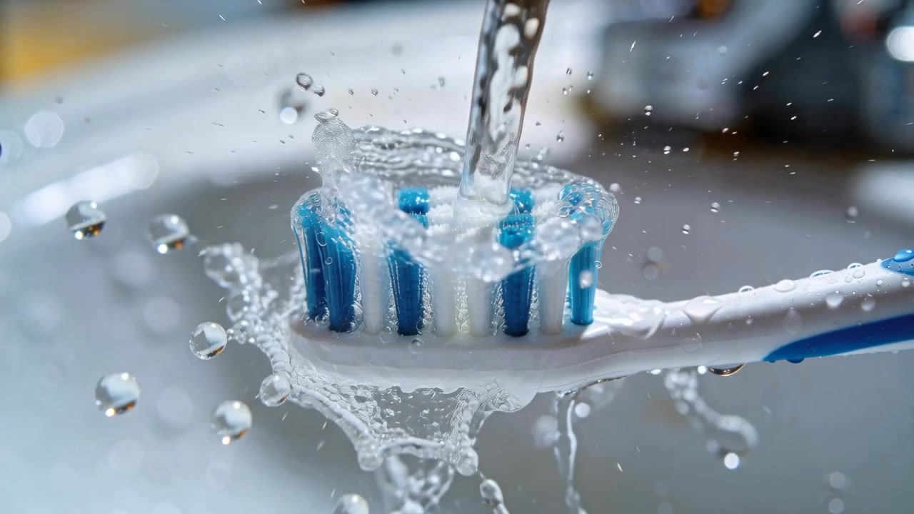 Agua del grifo fluyendo golpeando el cabezal de un cepillo con cerdas azules en el lavabo, humedeciéndolo para el enjuague.