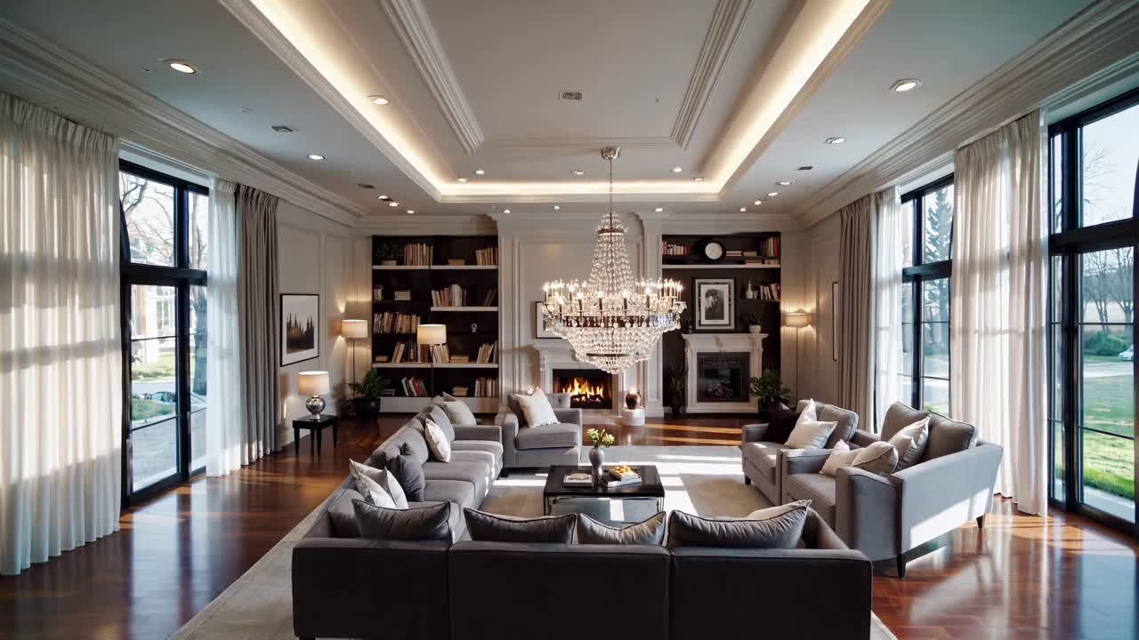 Luxurious living room with elegant decor, shot from a wide-angle perspective