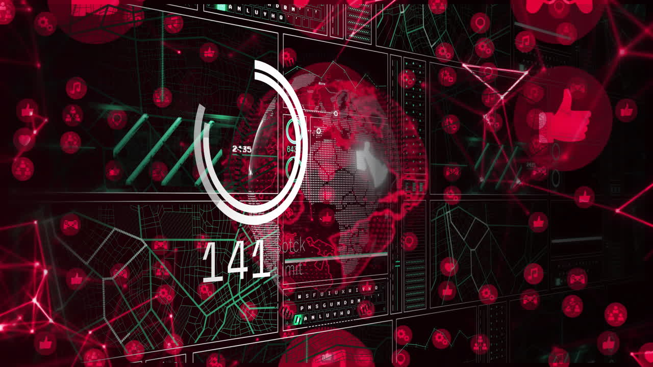 animación de procesamiento de datos digital sobre interfaz gráfica roja y verde con números
