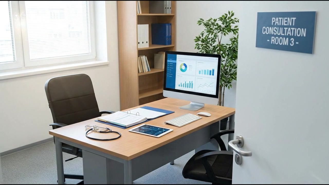 Scrivania luminosa in ufficio privato con doppi monitor, tastiera e documenti organizzati