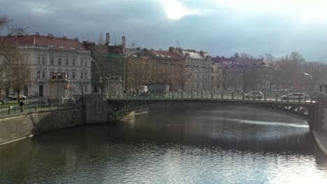 aerial view of bridge over river in hradec kralove, czech republic