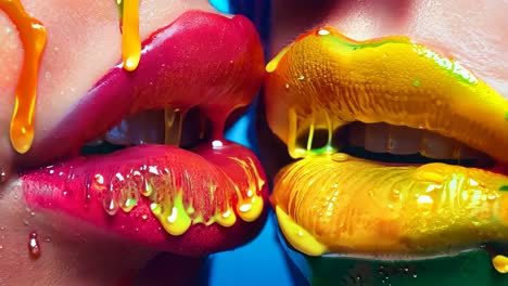 a close up of a woman's lips covered in colorful paint