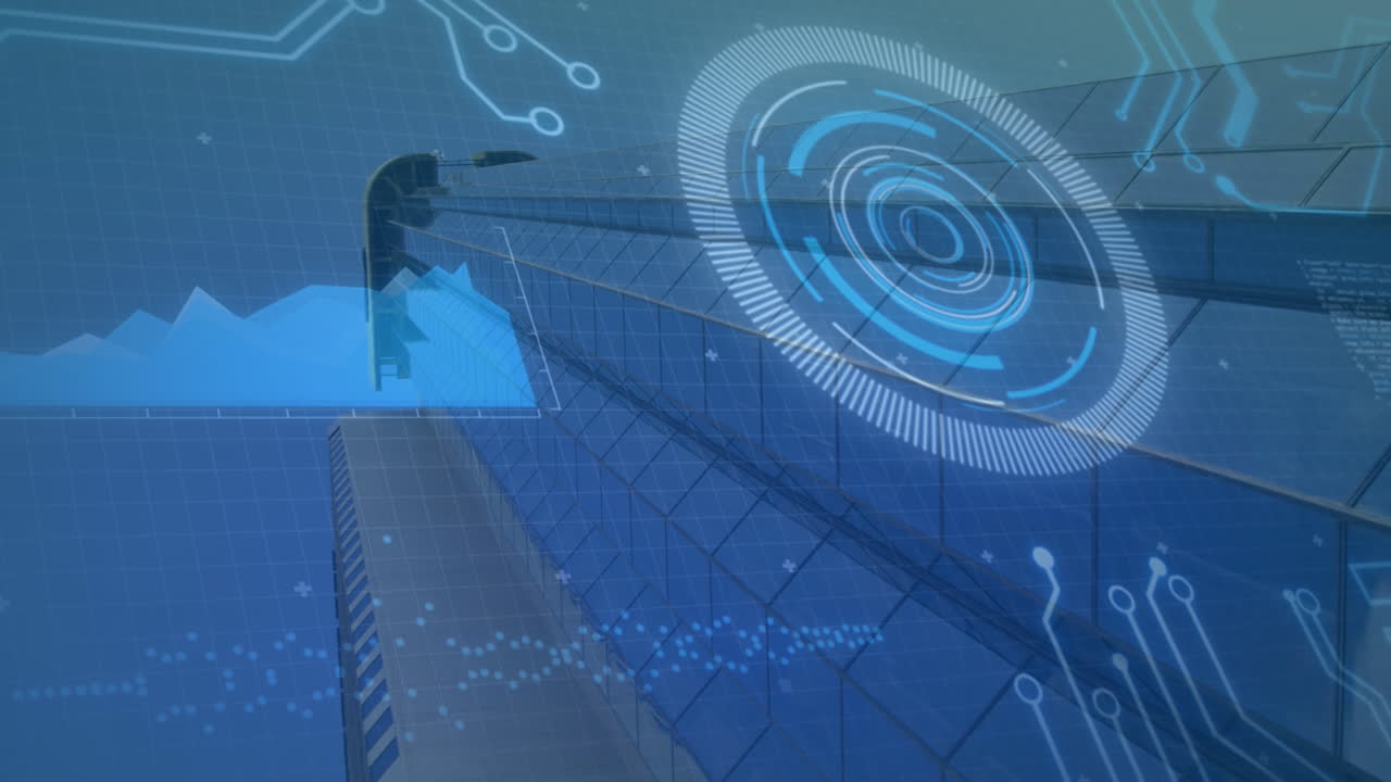 현대 마천루 위의 프로세서 요소로 스 ⁇  스캐닝과 데이터 처리의 애니메이션