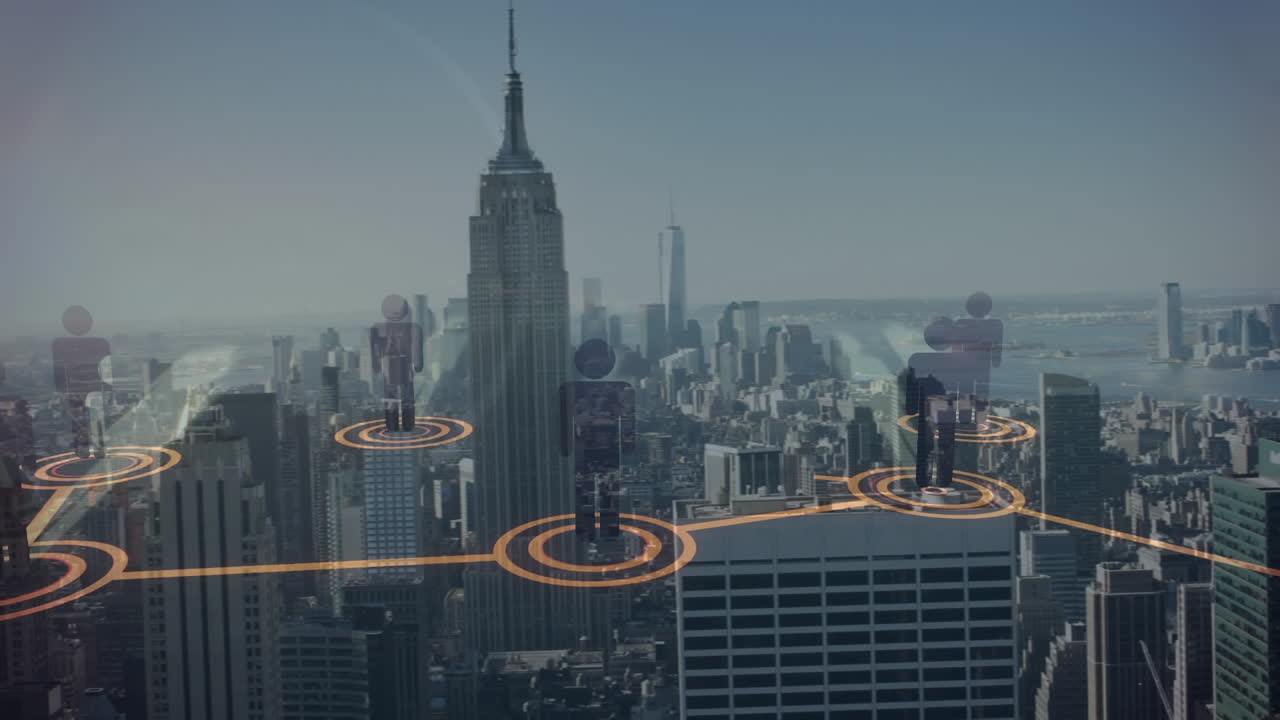 Animation of network of connections with icons over cityscape