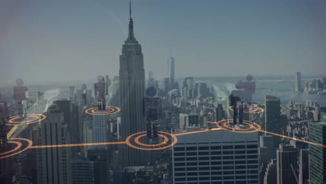 animation of network of connections with icons over cityscape