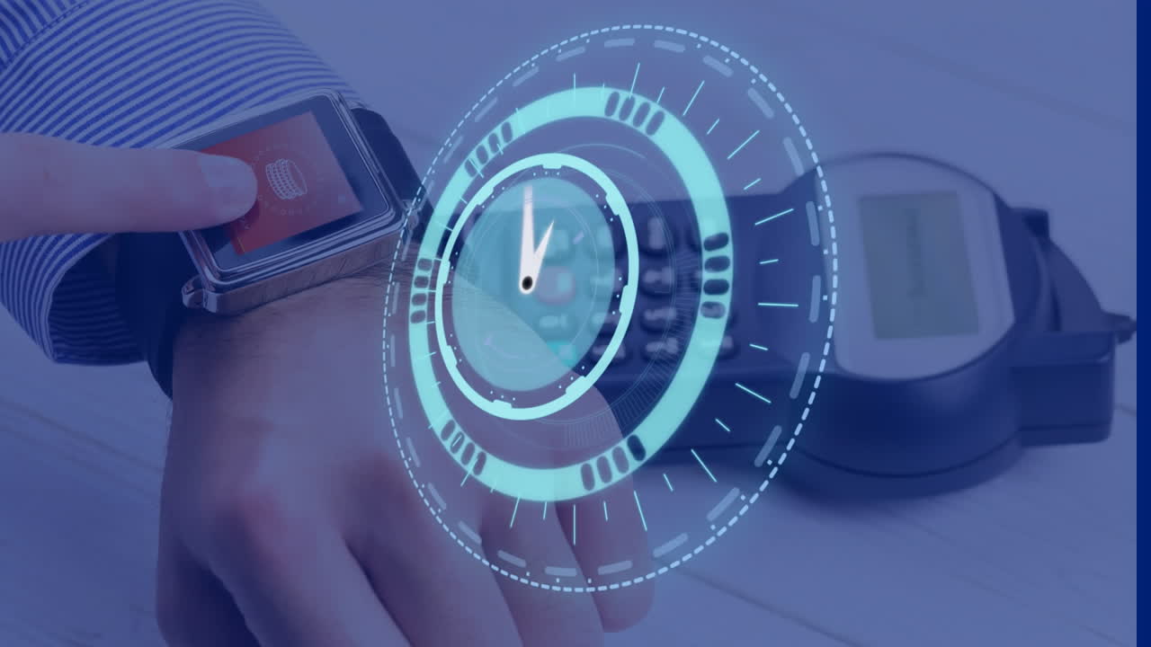 Animazione di orologio su mano che paga con smartwatch