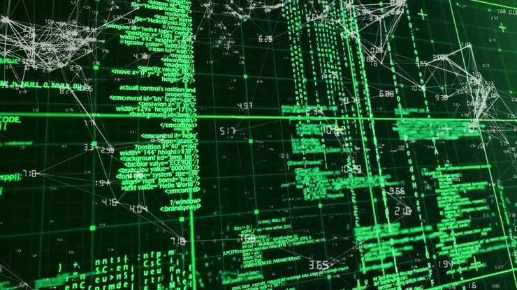Abstract digital network visualization being animated on dark grid, showing green code and nodes