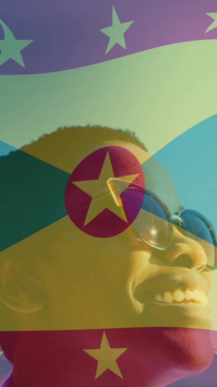 Animazione della bandiera di Grenada su una persona sorridente che indossa occhiali da sole in spiaggia