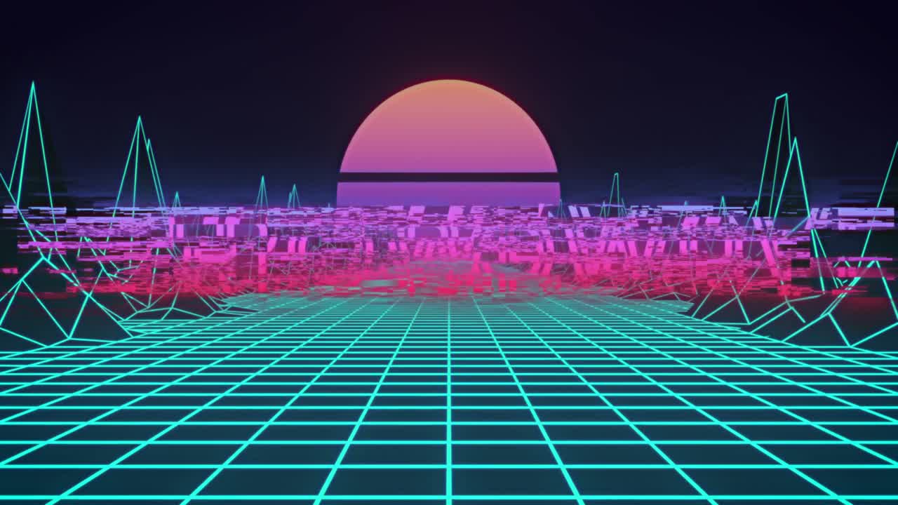 핑크색 태양과 반 ⁇ 이는 초록색 그리드 위에서  ⁇ 박이는 네온 레트로웨이브 텍스트의 애니메이션