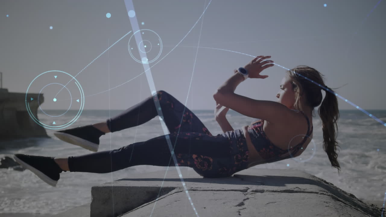 Network of connections against caucasian woman performing abs exercise at the beach