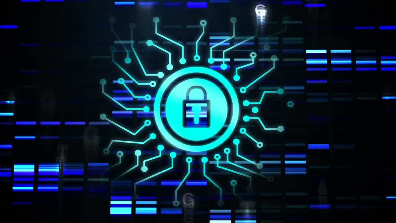 Animation of network of connections with online security padlock over dark background