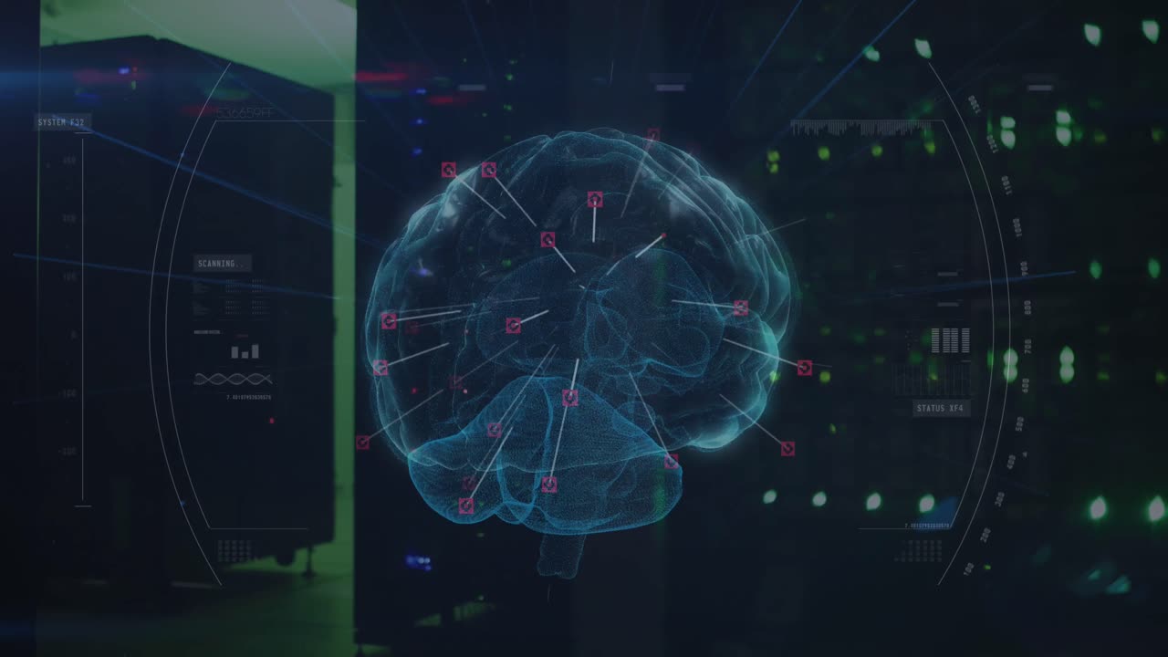 Animation of network of connections and brain over server room