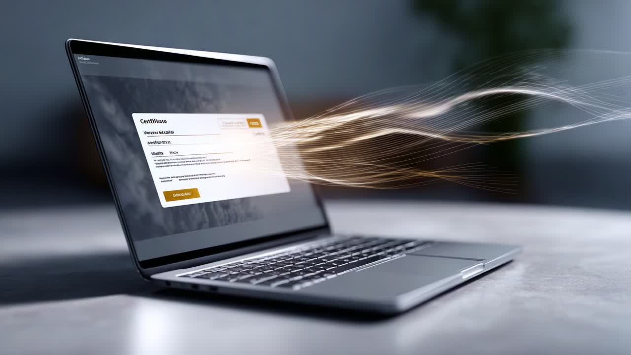 Digital Certificate Generation Process Zooming From Laptop Screen, Showcasing the Flow of Data Transitioning and Highlighting Technology in a Contemporary Setting