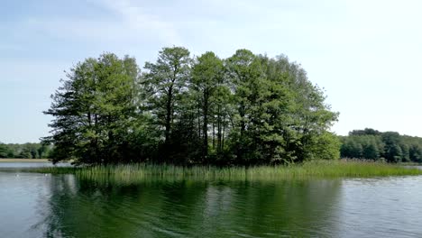 drone view of a tree-covered island, flying low over the water