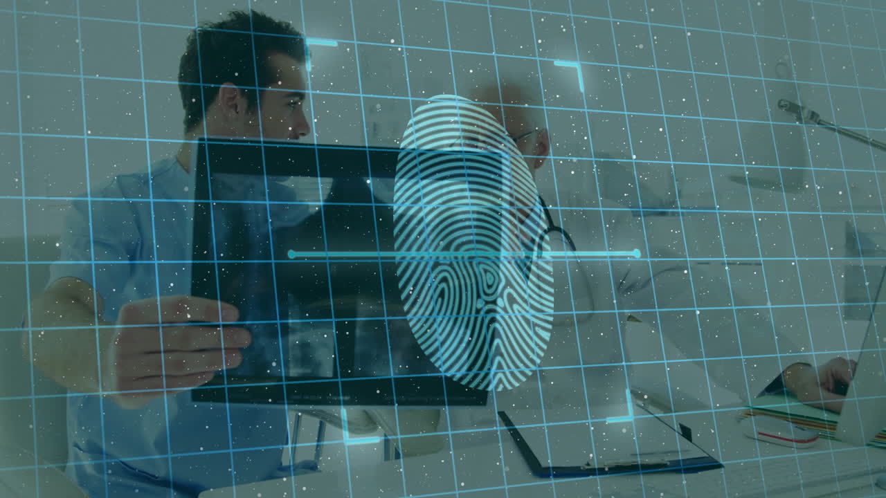 Fingerprint scanning animation over two people discussing in medical office