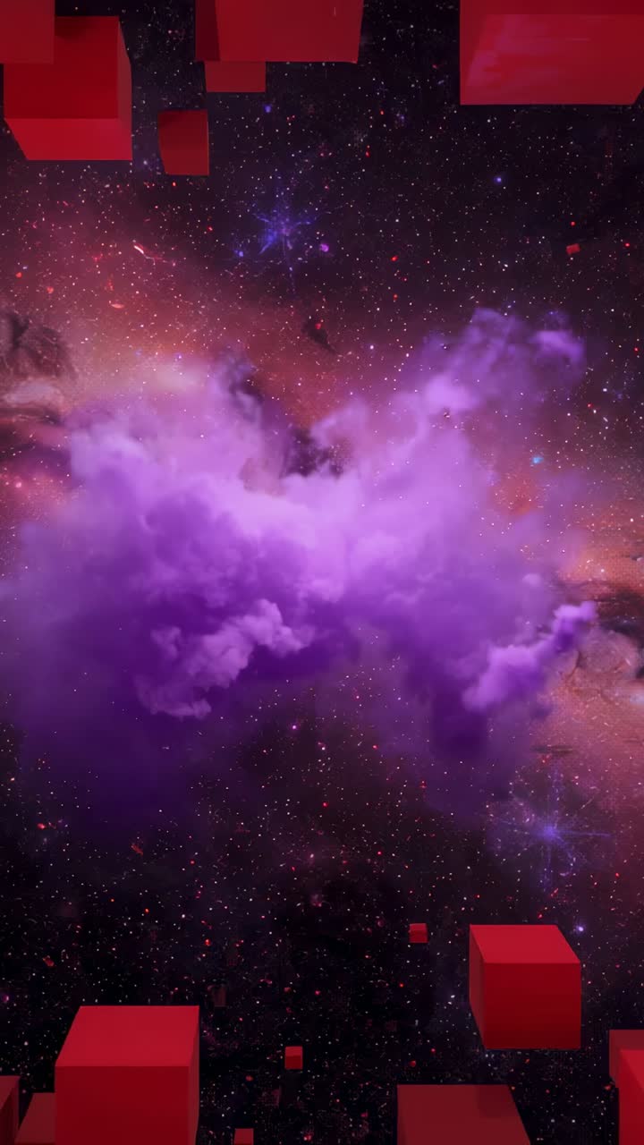 Vídeo vertical: fotogramas animados que envían cubos rojos hacia dentro alrededor de una nebulosa púrpura, formando un corredor