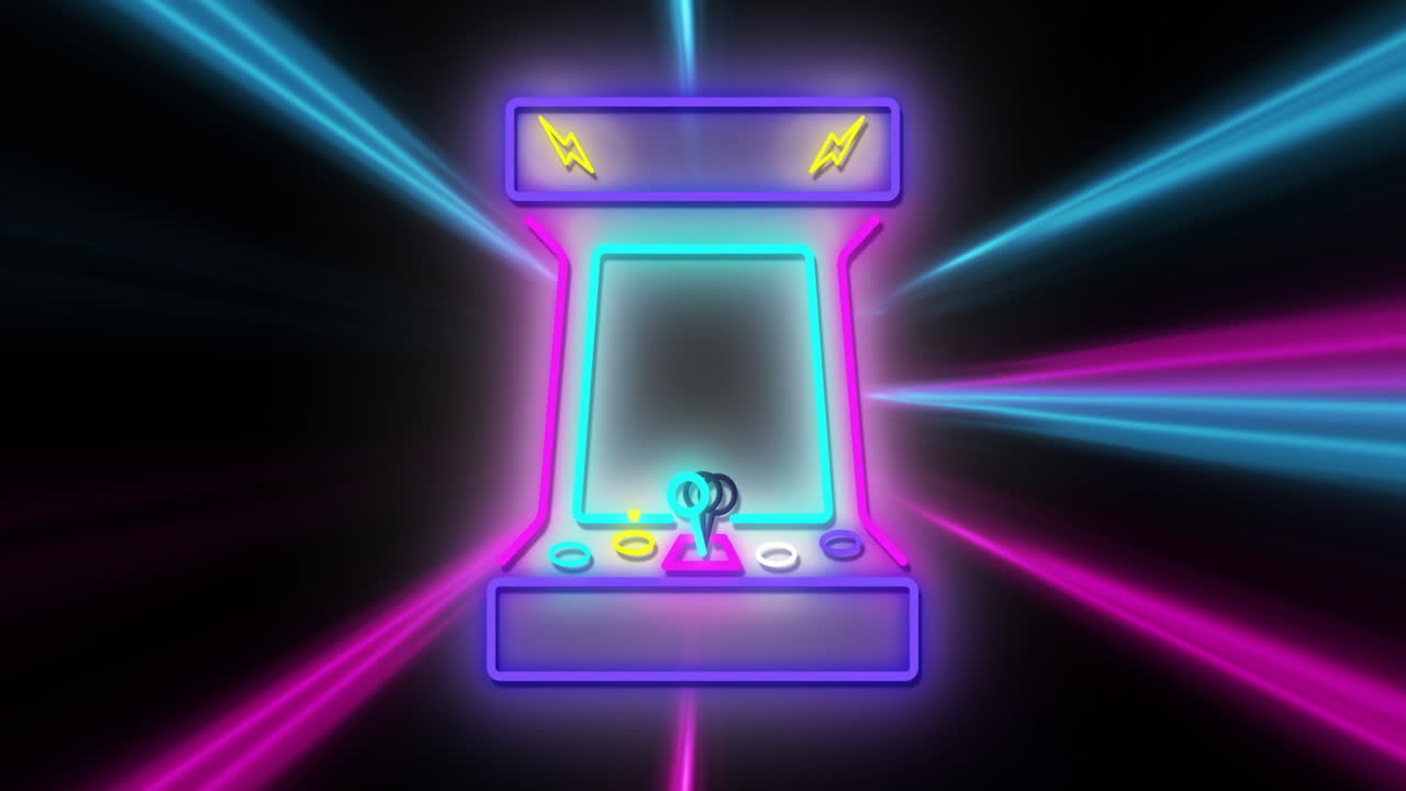 Animation of strobing coloured light beams over neon arcade game on black