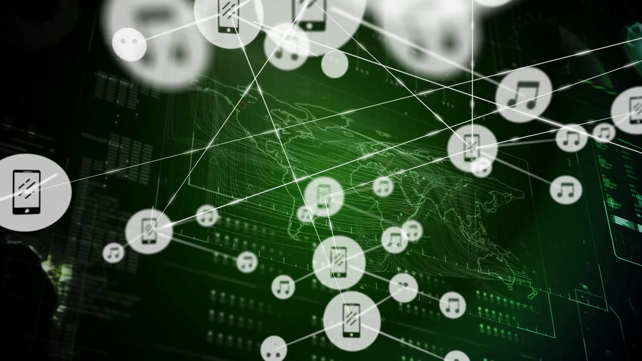 Video verticale: Nodo telefonico in arrivo che genera nodi di musica e chat su una mappa wireframe che mostra dati