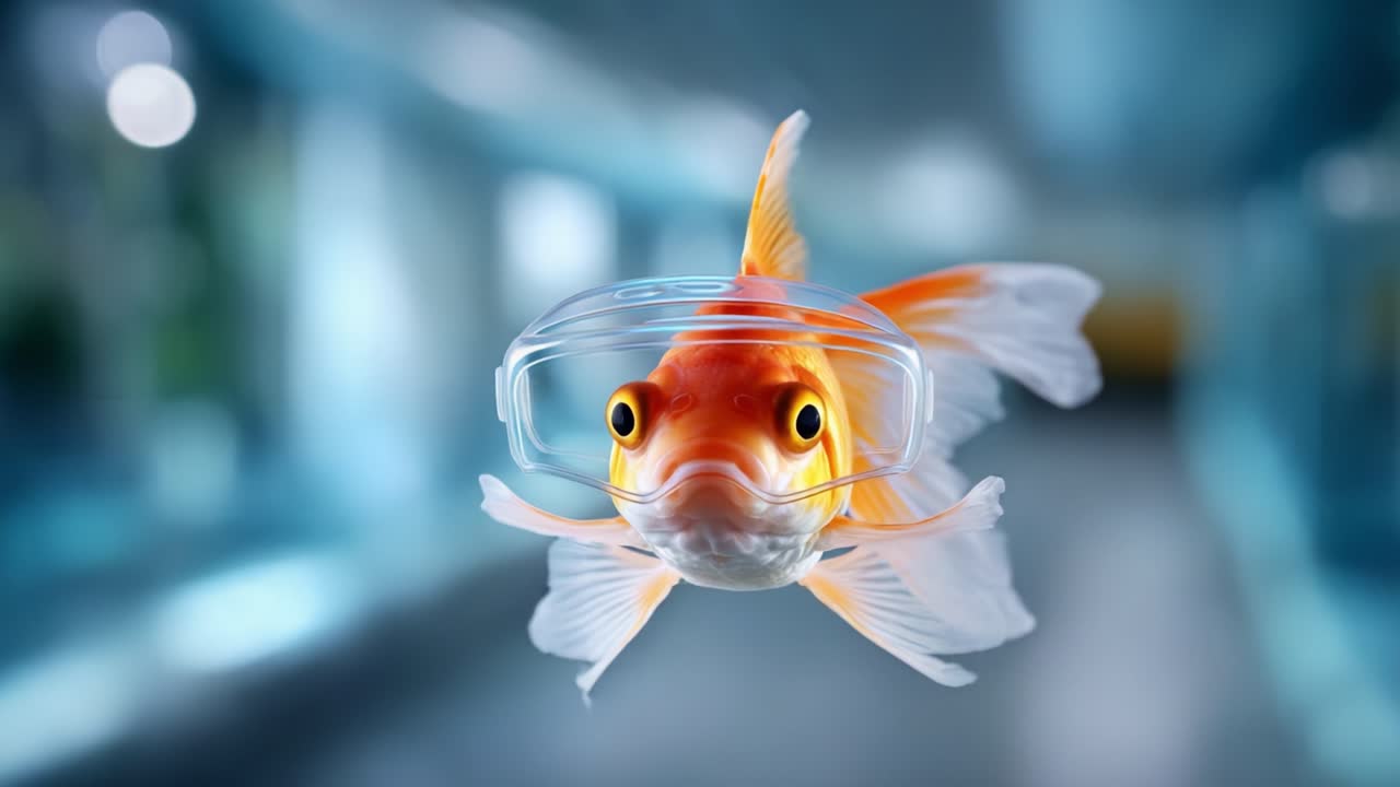 Un poisson rouge enjoué portant des lunettes de protection uniques nageant dans un environnement sous-marin vibrant, mettant en valeur sa curiosité et son charme