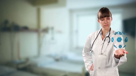 Globe-of-medical-icons-spinner-over-hand-of-caucasian-female-doctor-against-hospital-in-background