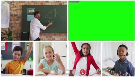 animation of green screen and video screens of diverse teacher and four children in online lesson