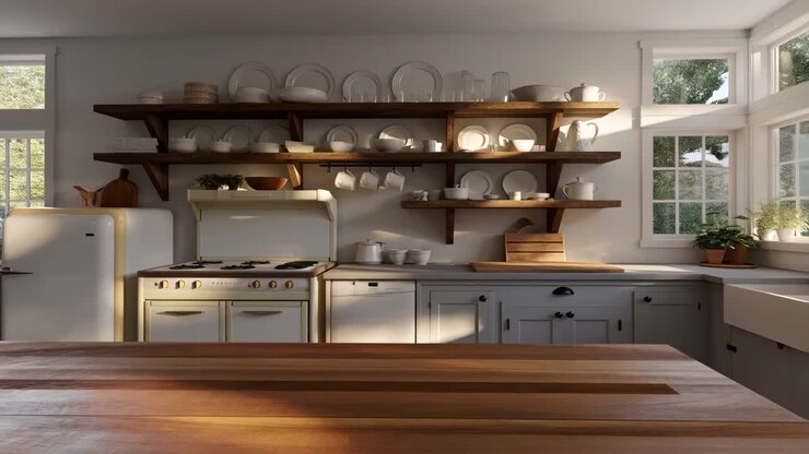 Cucina moderna in stile rustico luminosa e accogliente con scaffalature a vista