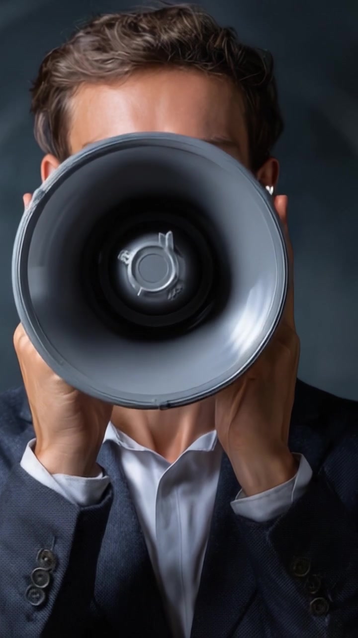 Una persona che tiene un megafono in entrambi i fotogrammi, sottolineando comunicazione, autorità e il potere della voce, mentre è vestita con un abito formale su uno sfondo neutro.