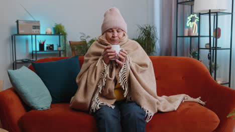 Sick-senior-grandmother-woman-wrapped-in-plaid-sit-alone-shiver-from-cold-on-sofa-drinking-hot-tea