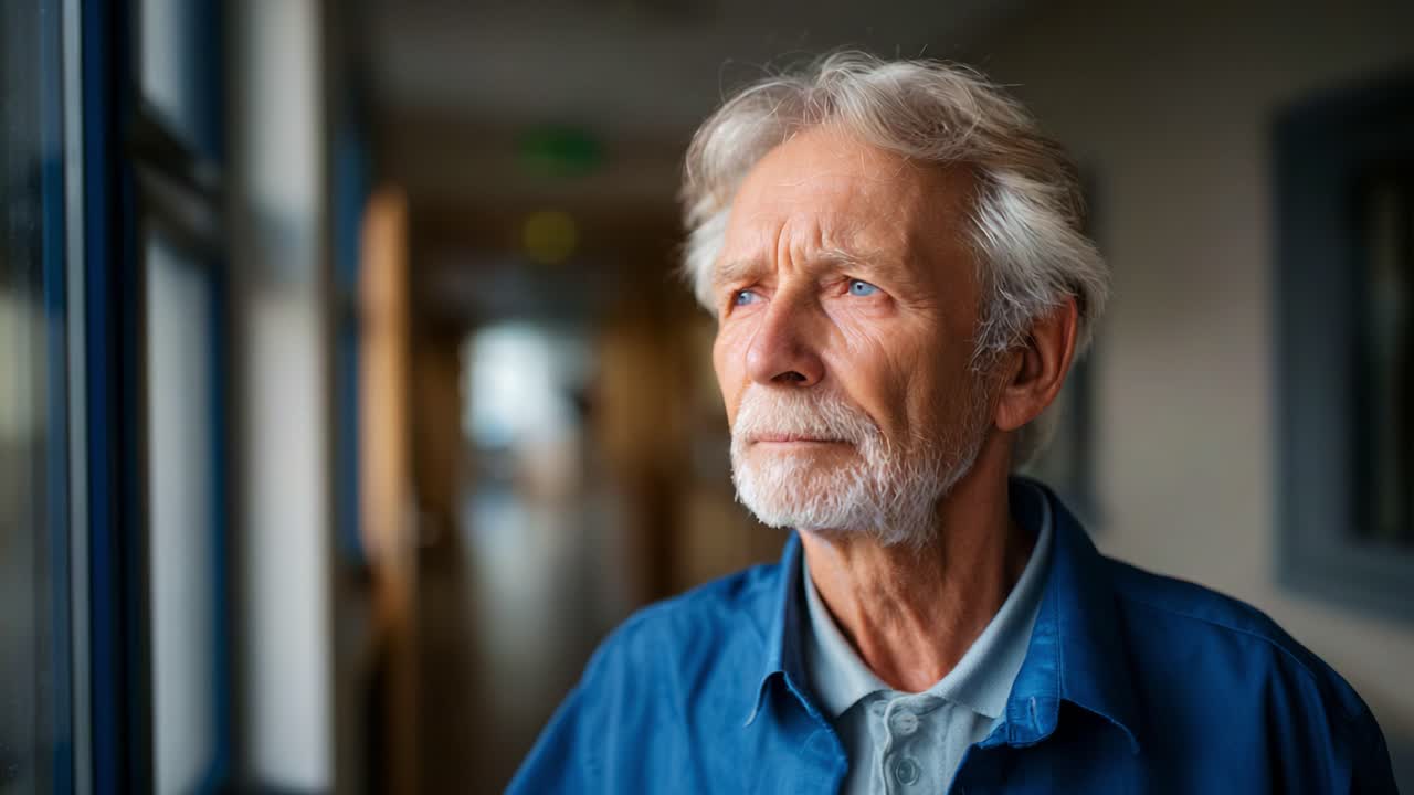 Un uomo anziano e contemplativo guarda pensieroso fuori dalla finestra, riflettendo sui ricordi e sulle esperienze di vita in un corridoio sereno e illuminato delicatamente.