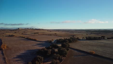 Vast-golden-fields-in-lleida,-catalonia-during-sunset,-serene-rural-landscape,-aerial-view