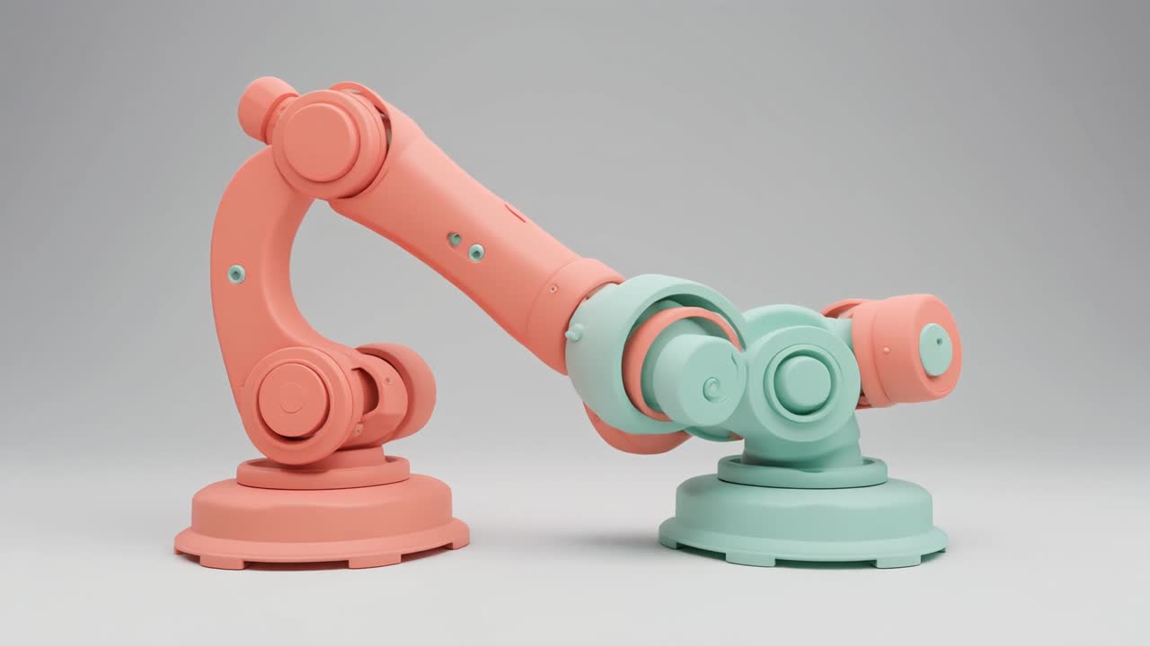 Pastellfarbener 3D-Roboterarm bewegt sich im Studio
