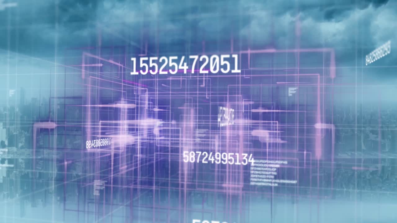 Animation of numbers changing and data processing over cityscape