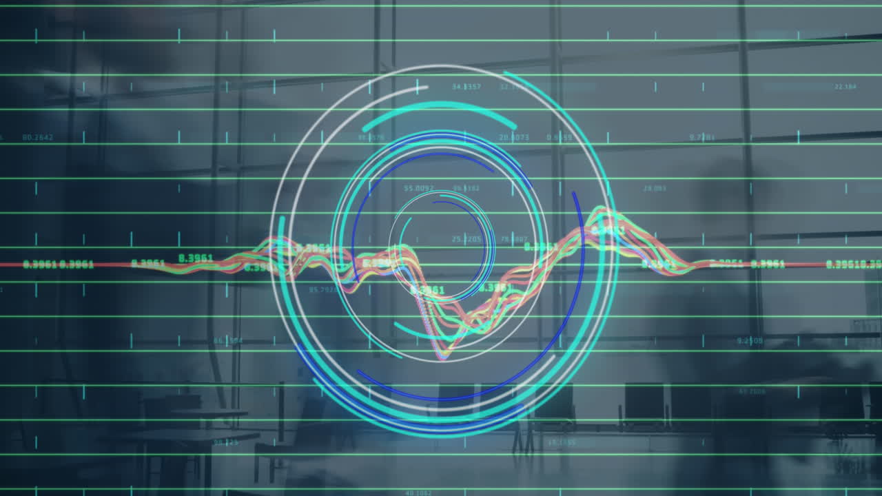 네온 라운드 스캐너의 애니메이션과 사무실에서  ⁇ 는 사람들의 타임  ⁇ 스에 대한 데이터 처리