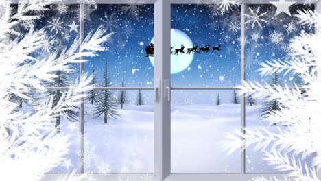 Digitale-Animation-Eines-Hölzernen-Fensterrahmens-Vor-Schnee,-Der-über-Die-Schwarze-Silhouette-Des-Weihnachtsmanns-Fällt