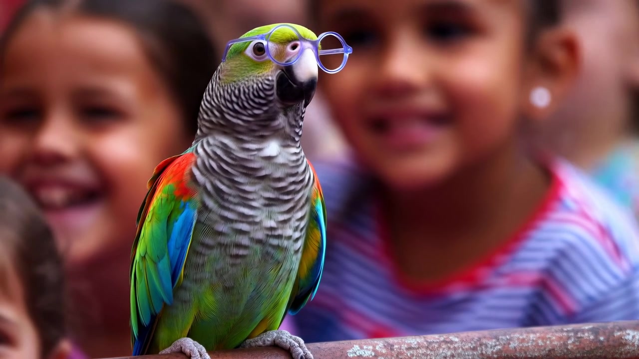 Um papagaio vibrante com óculos está empoleirado em um corrimão em primeiro plano enquanto crianças sorridentes aparecem suavemente desfocadas atrás dele em um ambiente externo