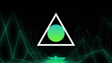 animation of glowing green circle, triangles and metaverse tunnel