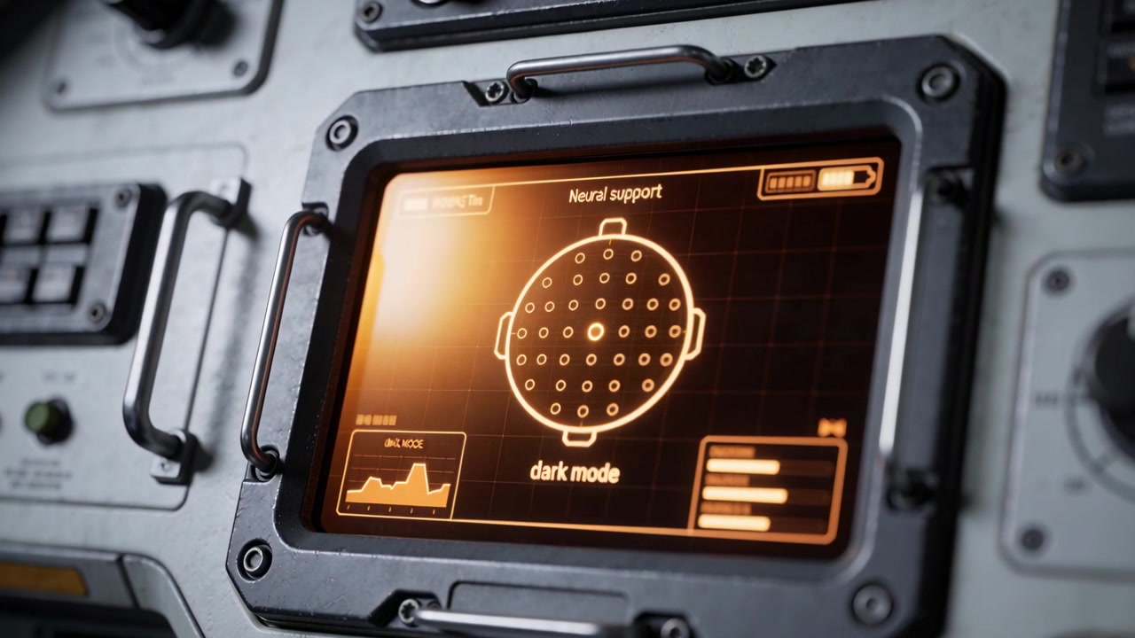 Showing rugged display presenting orange Neural support UI at panel, lens flare sweeping for review