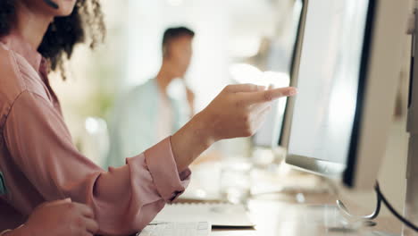 Computer,-call-center-and-woman-explaining-to