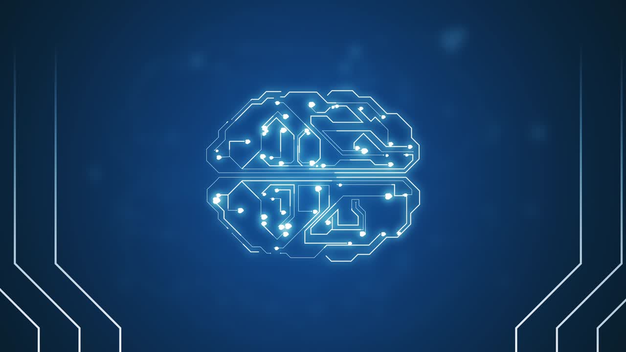 4k video where circular rotation polygonal brain shape of an artificial intelligence with lines and glowing dots and shadow over the dark blue background.