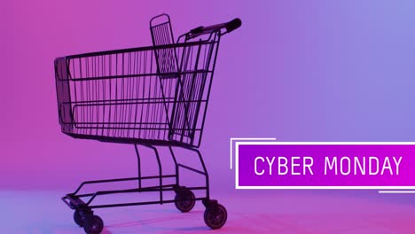 animation of cyber monday text over shopping trolley