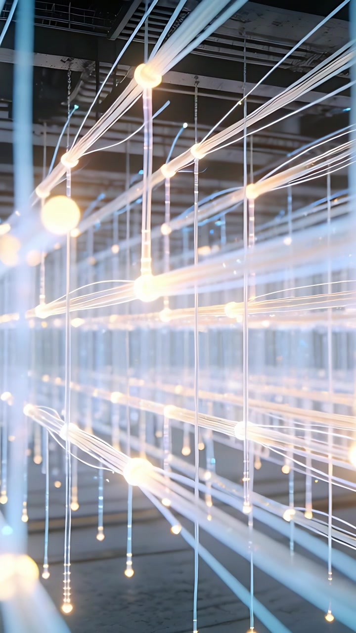Vertical video: Starting dolly gliding in gallery showing fiber strands and nodes revealing scale