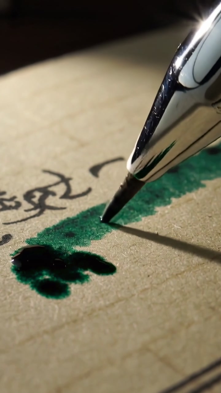Vertical video: Nearing green stroke, metal nib laying green ink on lined paper at desk, copy space