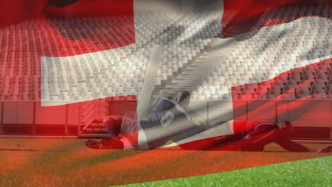 animation of switzerlan flag, african american player chasing rugby ball held by opponent on ground