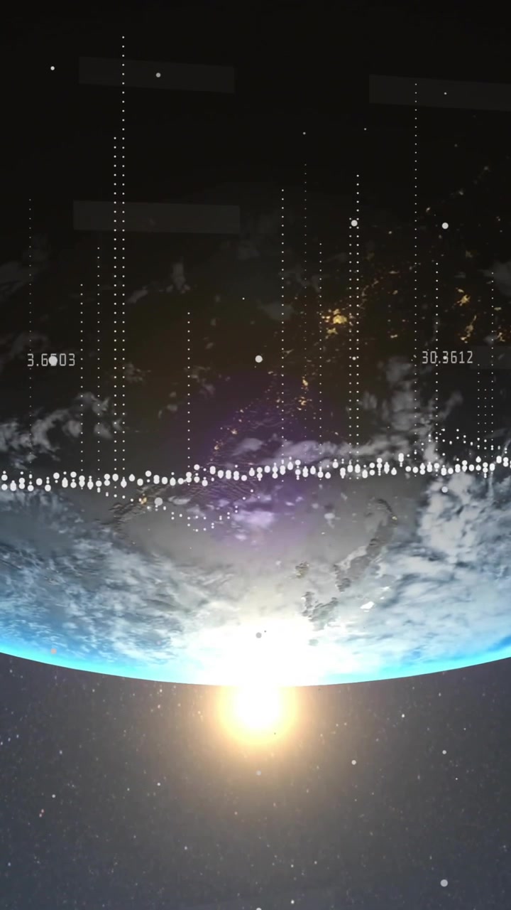Sunrise over Earth, data points and coordinates animating in space