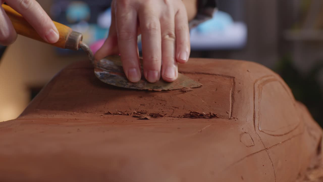 Close Up Of Man Automotive Designer'S Hands Using Spatula To Smooth Out The Surface And Create Details In The Sculpture Of Car Clay In The Studio