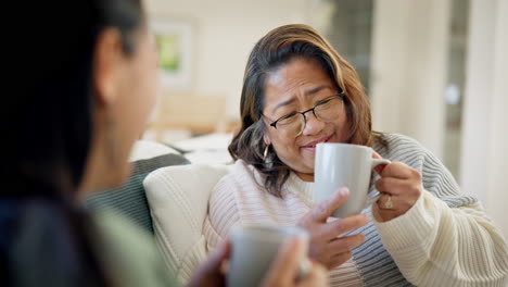 home, mother and daughter with coffee