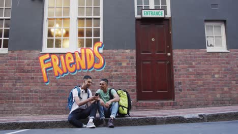 animation of friends text over happy biracial male friends talking