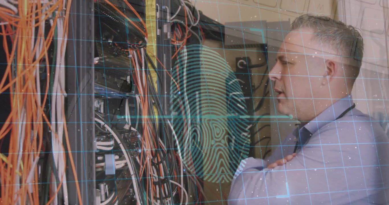 Animation of fingerprint scanning and digital padlocks over caucasian man checking servers