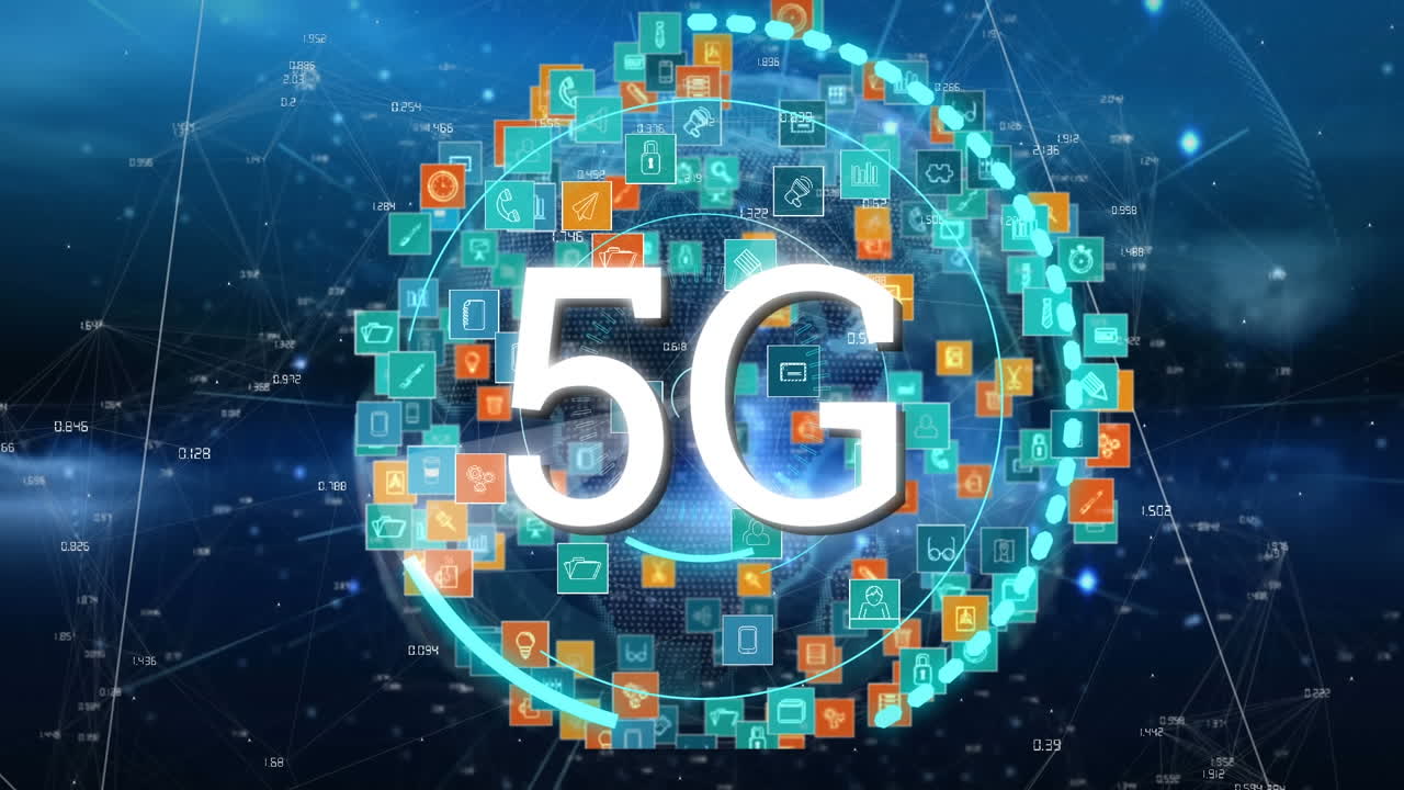 animazione di testo 5g con globo e icone rete di connessioni