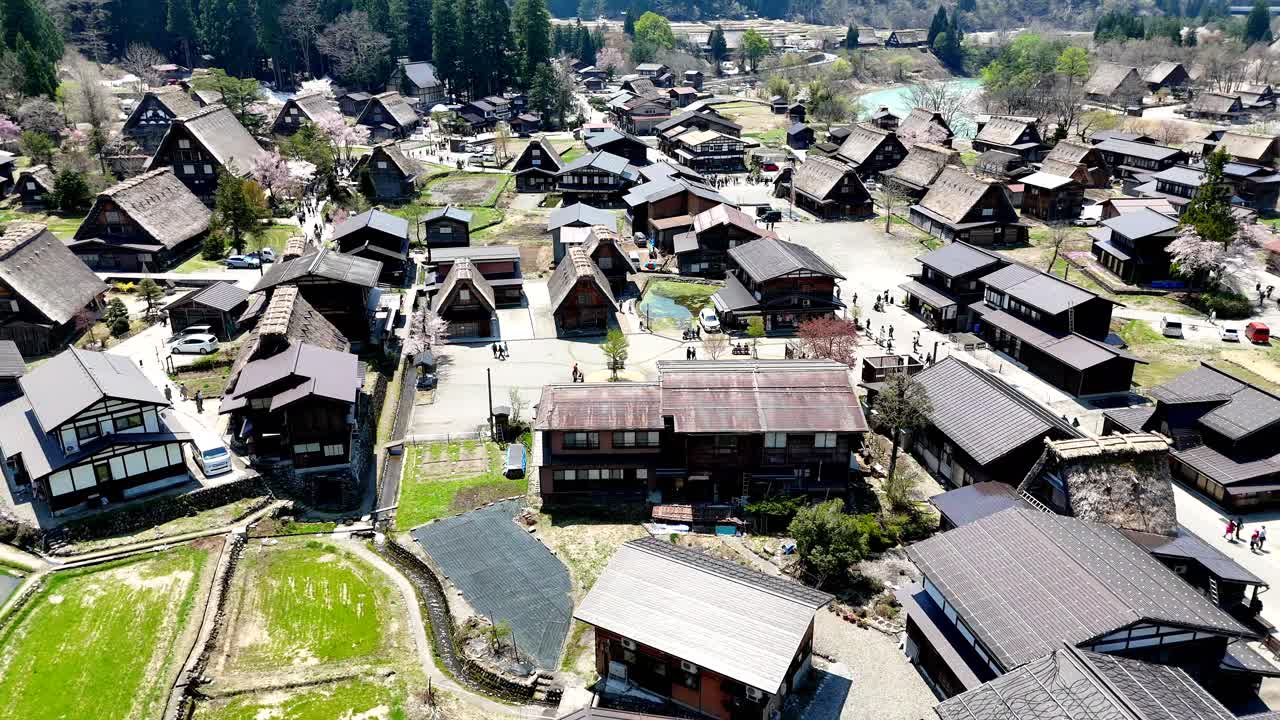 Shirakawago, Japan, Aerial. Rotating village centre